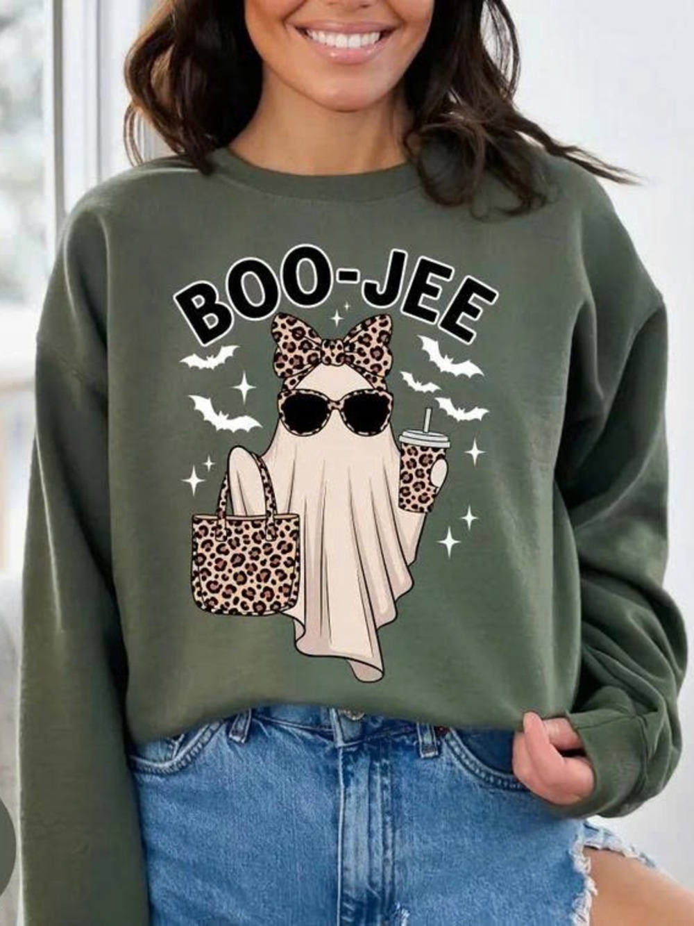 Olive Green 'Boo-Jee' Graphic Crewneck Sweatshirt with Leopard Accents